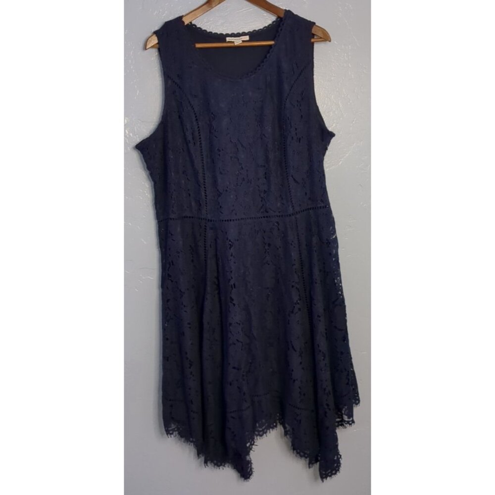 Isaac Mizrahi Live Regular Handkerchief Hem Floral Lace Midi Dress Navy XL - Picture 1 of 10